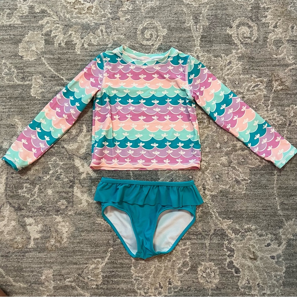Ruffle Butts Skirted Long Sleeve Rash Guard Swimsuit wave mermaid scale 4T
